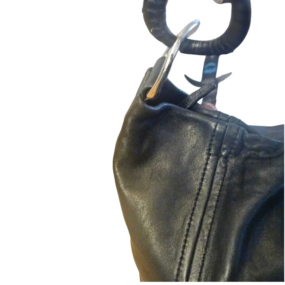 Michael Kors Black Leather‎ Hobo Bag Silver Ring Hardware MK Charm Shoulder Bag